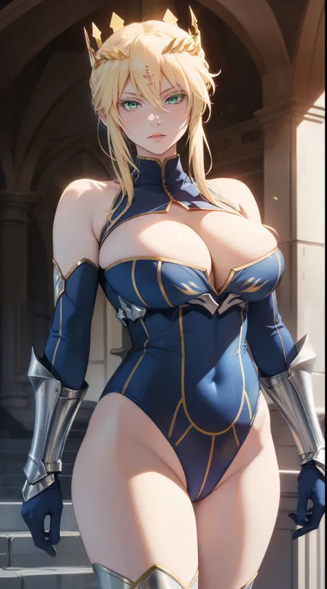 Lancer Artoria, elegant adult female, blonde, green eyes, (yellow eyelashes), crown, turtleneck, cleavage cutout, sleeveless, blue leotard, elbow gloves, gauntlets, blue thigh, elegant close-up protrait, high resolution, extremely detail 8k cg.