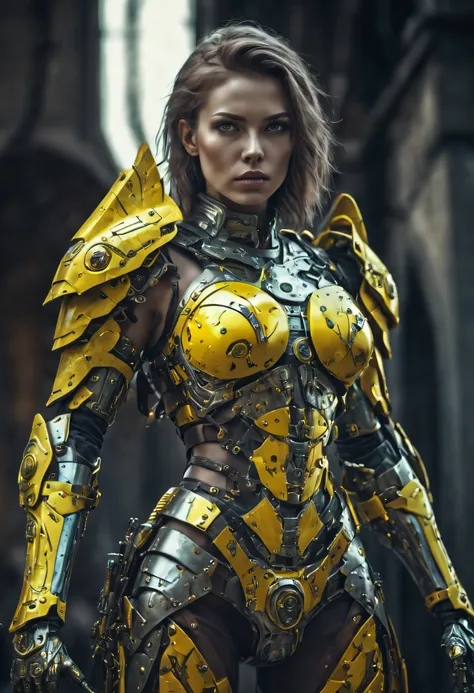 an incredible and terrifying warrior woman, (Alto,HDR:1.2),medieval armor detailed with yellow neon and cybernetic arm, ((scientific fiction, Futuristic))