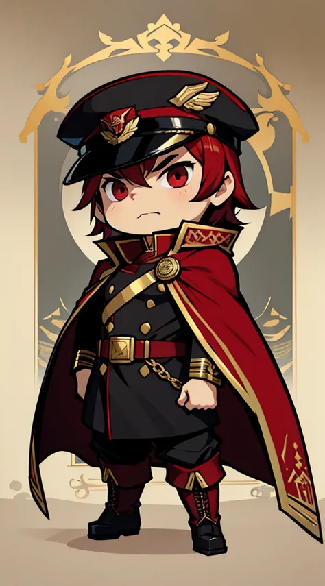 captain, black uniform, gold rank insignia, red cloak, black captains hat, black boots, chibi proportions