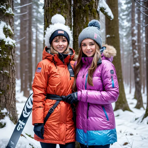 two women in ski gear posing for a picture in the snow, in the snow, alena aenami and lilia alvarado, blue scales. playing in the snow, publicity , ayami kojima and lyde caldwell, , full-, sfw version, glamourous , in a snowy forest setting, pokimane