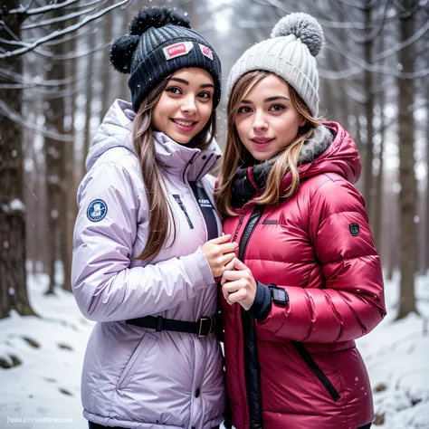 two women in ski gear posing for a picture in the snow, in the snow, alena aenami and lilia alvarado, blue scales. playing in the snow, publicity , ayami kojima and lyde caldwell, , full-, sfw version, glamourous , in a snowy forest setting, pokimane