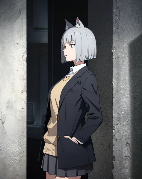 Gray hair,Medium bob hair,Blunt bangs,Cat head,Looking away,deadpan,Blazer , Mod Court, Chiffon skirt