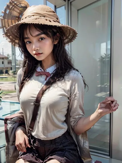 17 years old girl, beautiful asian girl, scout girl, black hair, wear brown scout uniform, natural beauty, small body, brown scout hat