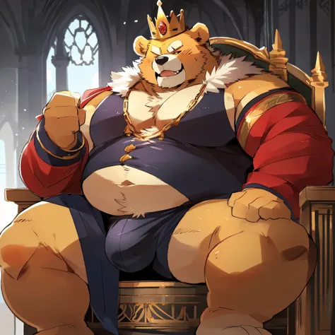 Furry, chubby,fat, huge, king , anthro bear,extremely sexy, extremely hot , extremely tempt, bulge, Sitting on a throne,condescending face, salivating, seductive , by hyaku, by zixiong,by darkgem