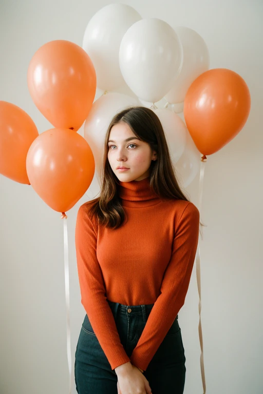 fashion portrait photo of beautiful young woman from the 60s wearing an orange turtleneck standing in the middle of a ton of white balloons, taken on a hasselblad medium format camera