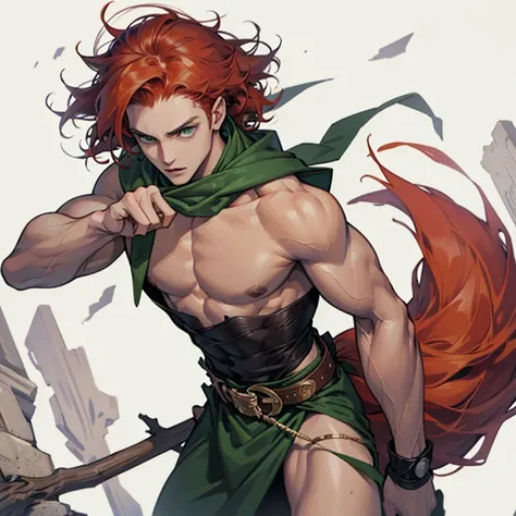 a pale young man with messy curly red hair, green eyes, muscular, thin waist, fox ears, fox tail, with a stick