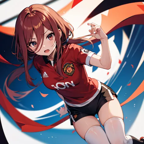 Miku Nakano wearing a red Manchester United jersey with Thigh High socks angry