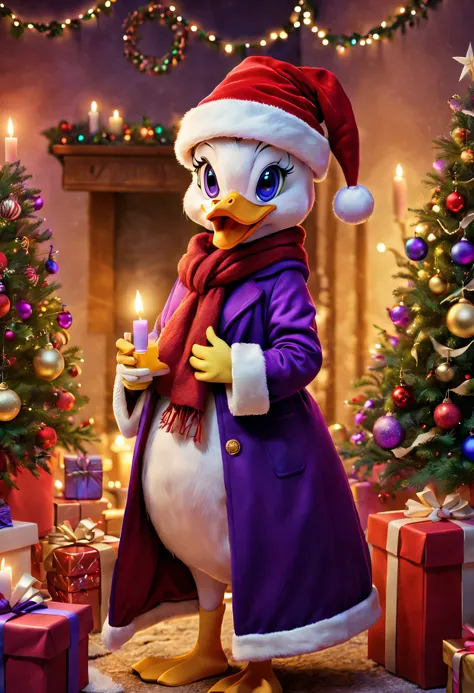 Daisy duck in festival room，It&#39;s filled with colorful gifts and a beautifully decorated Christmas tree, Purple coat,Wearing Santa hat and red scarf, Surrounded by warm fairy lights and candles, Using digital illustration as a medium, Vibrant colors and...