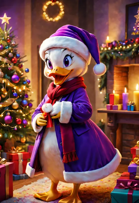 Daisy duck in festival room，It&#39;s filled with colorful gifts and a beautifully decorated Christmas tree, Purple coat,Wearing Santa hat and red scarf, Surrounded by warm fairy lights and candles, Using digital illustration as a medium, Vibrant colors and...