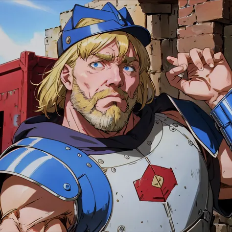 A rugged man, with blonde hair and imposing ruby ​​blue armor that