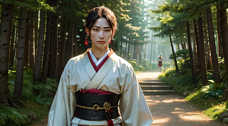 Mans, muscular, brave, hair tied next to both ears, Thrift, care, Kimono, Holding a sword, standing in the forest