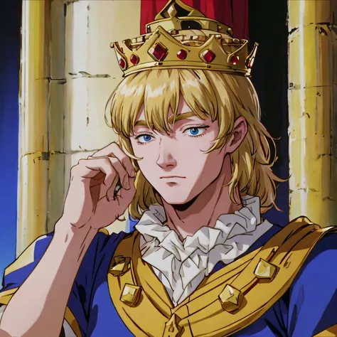 A blonde man wearing a kings crown and ruby ​​blue armor