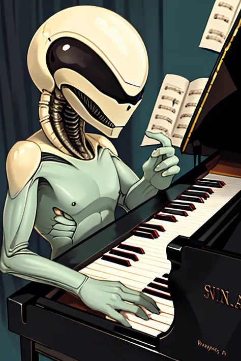 alien  playing the piano, cartoon