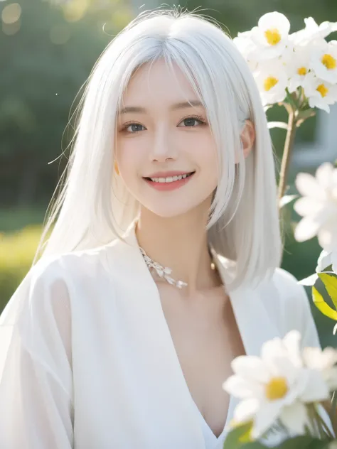 tmasterpiece, Best quality at best, 1 Sister, White hair, Smiling, looking at viewert, , Fully mature, There are flowers