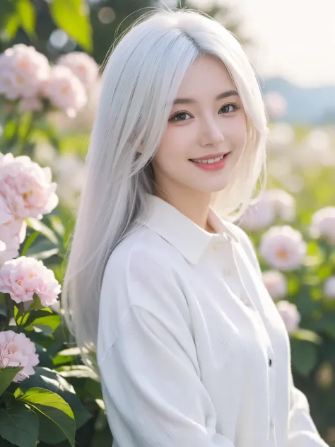 tmasterpiece, Best quality at best, 1 Sister, White hair, Smiling, looking at viewert, , Fully mature, There are flowers