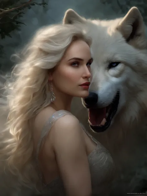 (tmasterpiece), (topquality), (more detailed), (8K), (电影灯光), (Sharp focus), (Precise Anatomy), (photorealestic:1.5), (Fantasy art), Epic Movie Poster, Beautiful woman and white wolf, beautiful girl raised by a white wolf, next to the wolf, The wolf approac...