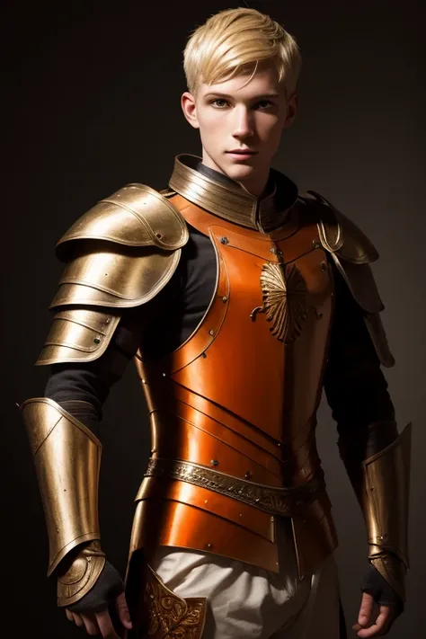 portrait of a pale man with bright orange eyes and blonde short hair in light authentic armour with orange crests, archer,