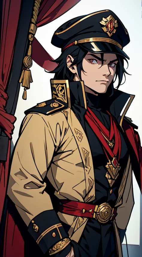 captain, black uniform, gold rank insignia, red cloak, black captains hat, black boots, anime, Art Deco, Gothic art, anime style, anatomically correct, masterpiece, high details, high quality, beautifully detailed eyes, captivating gaze, vivid colors, skil...