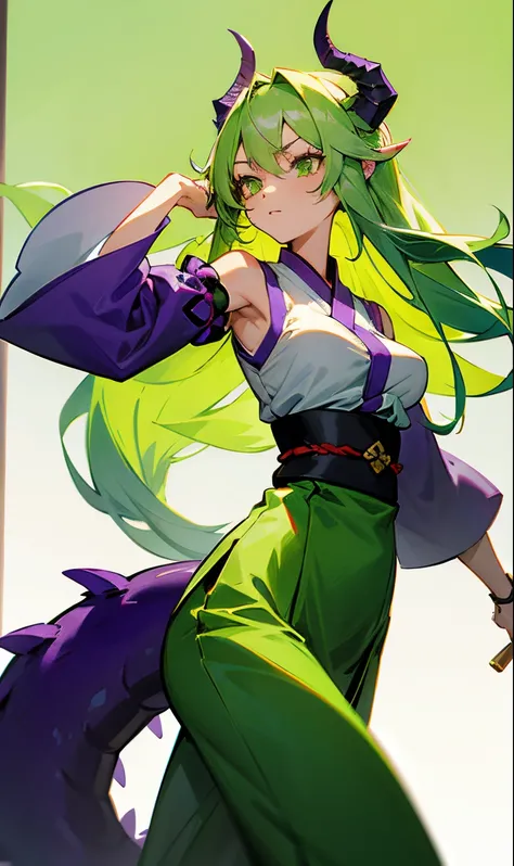 Girl with long green hair wearing a green haori with the sleeves cut off showing her arm while walking green eyes and medium breasts with purple dragon horns and purple dragon tail