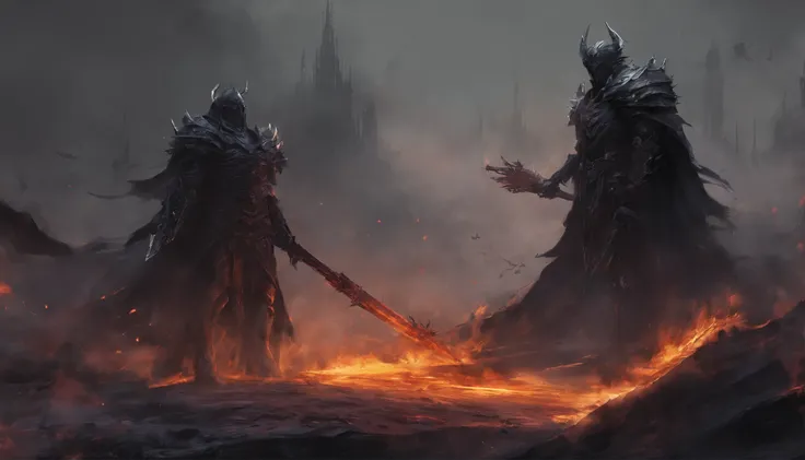 2 death knights, looking at each others , large distance between them, fighting each other, destruction and fire everywhere, dark fantasy, high quality, high detail, 8k