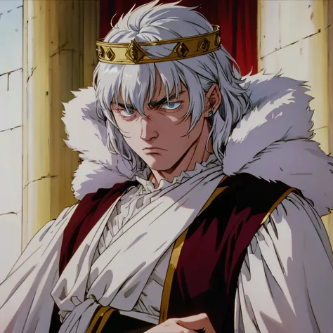 angry but attractive white-haired young man wearing a luxurious king's crown