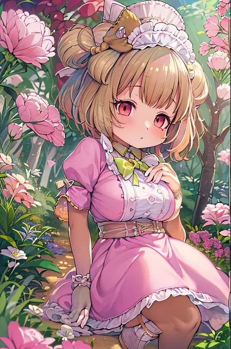 Anime girl in a pink dress posing in a garden with flowers, loli in dress, small curvy loli, a sexy maid in a magical forest, Lori, Cute anime waifu in a nice dress, frilld, fluffy chest, maid dress, pixiv 3dcg, anime girls in maid costumes, anime highly d...