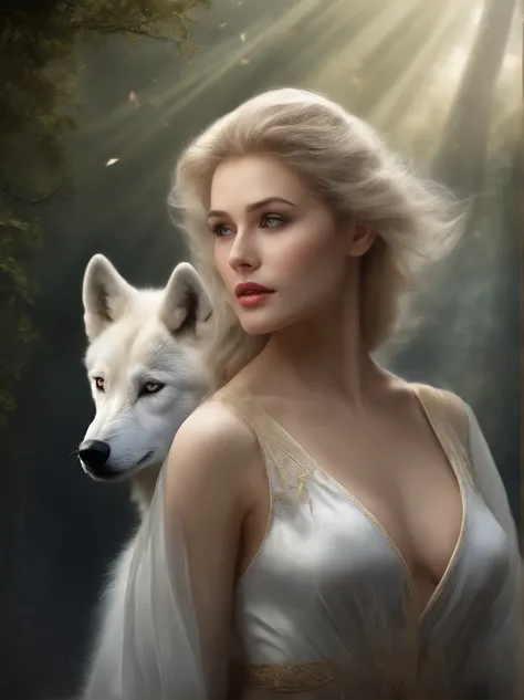 (tmasterpiece), (topquality), (more detailed), (8K), (电影灯光), (Sharp focus), (Precise Anatomy), (photo realism:1.5), (Fantasy art), Epic Movie Poster, Beautiful woman and white wolf, beautiful girl raised by a white wolf, next to the wolf, The wolf approach...