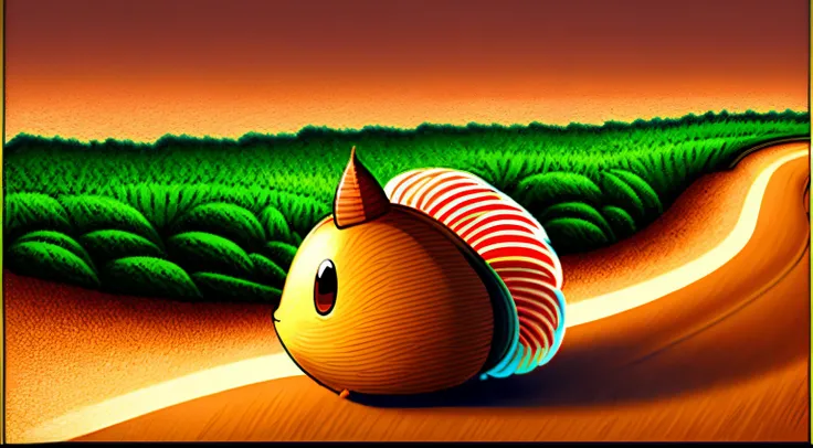 masterpiece, top quality comic-style colored illustration of an anthropomorphic acorn rolling down a slope.  country road seaside on blurred background , 3D, 32K, full HDR, Real image,