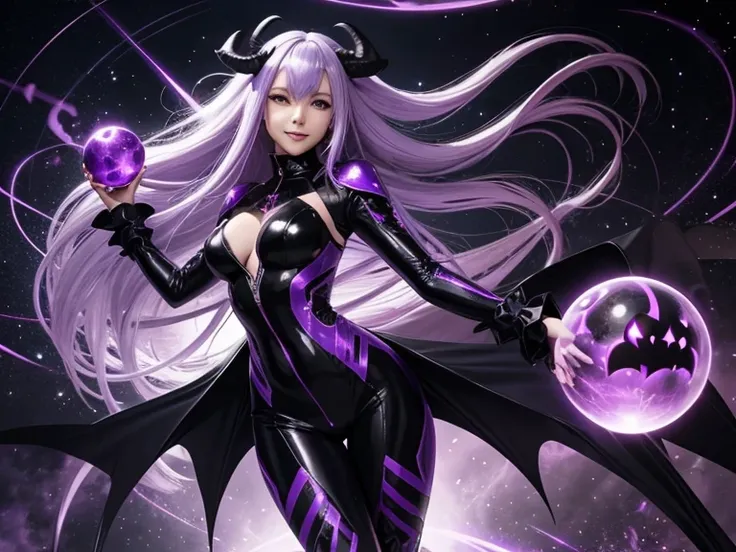 Anime  style In the distance, a woman with a confident and self-centered look and an evil smile
purple catsuit with black intricacies, with long flowing white hair and
fringe, It has a goats horn, as well as large bat wings, a demons tail
,while flying aro...