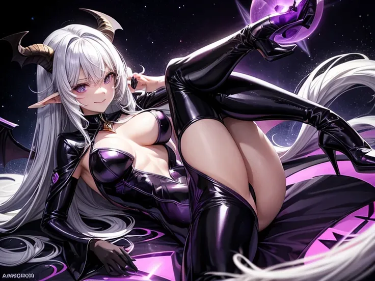 In the distance, a woman with a confident and self-centered look and an evil smile
purple catsuit with black intricacies, with long flowing white hair and
fringe, It has a goats horn, as well as large bat wings, a demons tail
,while flying around a black a...