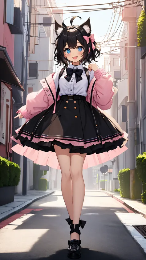 Looking at Viewer,、Cute backgrounds, 1girl in, Open mouth, Smile, Virtual Youtuber、girl with、((Best Quality, high_resolution, Distinct_image)),(Black hair), (Black cat ears), (Ahoge), (absurdly short hair), (Wavy Hair), (Blue eyes),、A smile、,(wearing shoes...