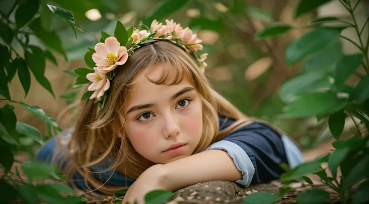 there is a young golden blonde with a flower in her hair, lovely languid princess, menina jovem bonito, rosto modelo de moda sonolento, flower child, Princesa Adormecida!!!!, girl with a flower head, menina jovem bonita, menina jovem e bonito, modelo jovem...