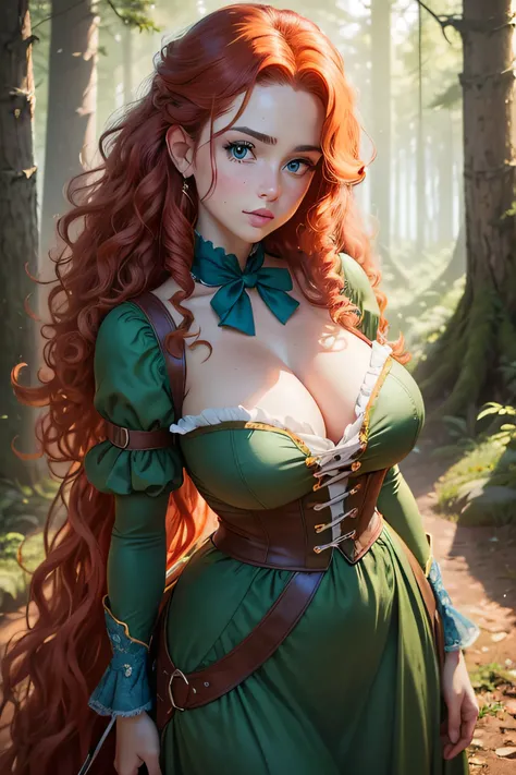 masterpiece, best quality, expressive eyes, perfect face, big eyes, looking at viewer, large breast, big breast, small waist, , Best Quality, Realistic, perfect figure, highly detailed, showing cleavage, dressed as merida from brave, Red curly hair, big ha...