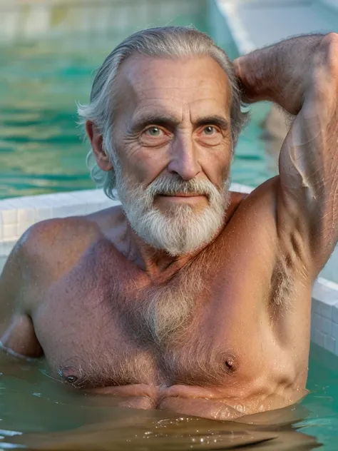 john glover, an elder with a long beard and white hair, with a serene face wrinkles, looking producing, body older weak, skinny ...