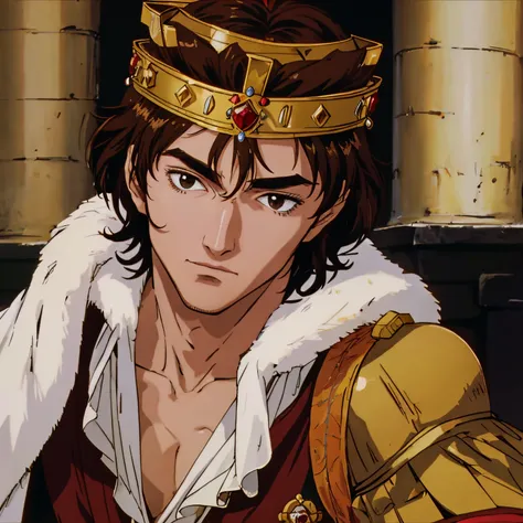 a  man attractive and seductive brown-haired man wearing a luxurious king's crown