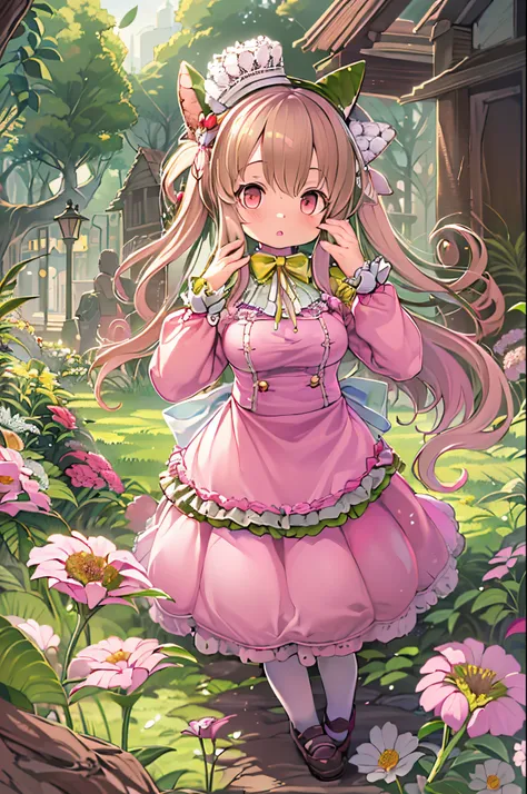 Anime girl in a pink dress posing in a garden with flowers, loli in dress, small curvy loli, a sexy maid in a magical forest, Lori, Cute anime waifu in a nice dress, frilld, fluffy chest, maid dress, pixiv 3dcg, anime girls in maid costumes, anime highly d...