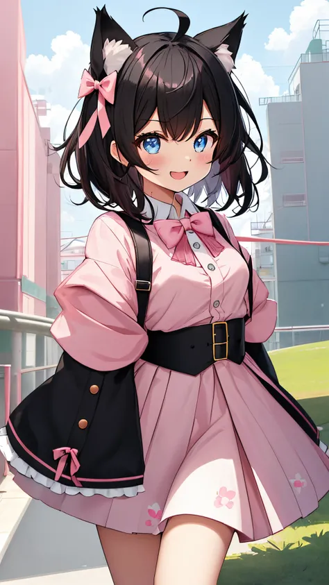 Looking at Viewer,、Cute backgrounds, 1girl in, Open mouth, Smile, Virtual Youtuber、girl with、((Best Quality, high_resolution, Distinct_image)),(Black hair), (Black cat ears), (Ahoge), (absurdly short hair), (Wavy Hair), (Blue eyes),、A smile、((concept-art))...