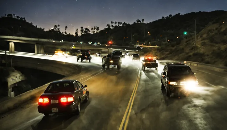 Onto the Freeway: John enters a busy freeway, the gang hot on his trail. Dangerous Maneuvers: John navigates through traffic, narrowly avoiding collisions and utilizing his driving skills to evade the gangs attempts to corner him, night, cinematic, lens fl...