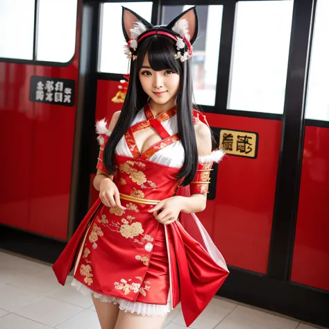 there is a woman in a red outfit with a cat ears, zhongli from genshin impact, keqing from genshin impact, full body xianxia, trending at cgstation, trending on cgstation, japanese goddess, anime girl , ornate , gorgeous chinese model, chinese costume, ins...