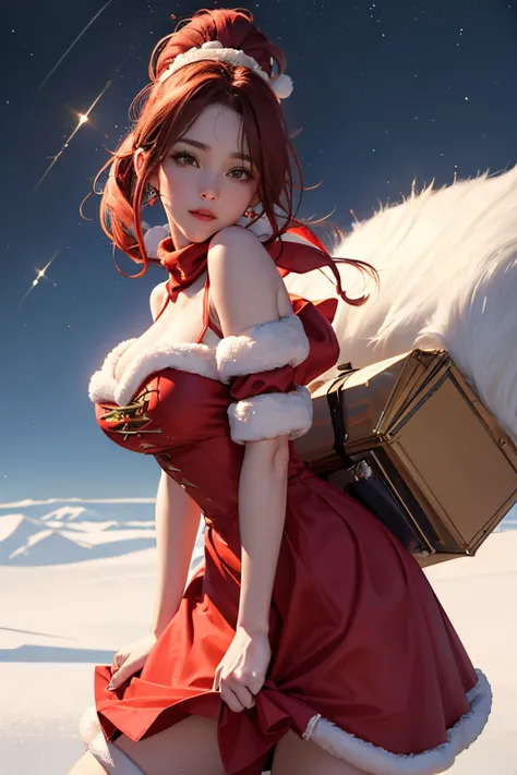 （ultra best quality、in 8K、masuter piece、delicate illustration）、Christmaeautiful santa claus woman、perfect body、Santa Claus Costume（long skirt type）(coverd shoulder and neck) 、no bare shoulder or bare breasts, red scarf cover shoulder and neck, red ponytail...