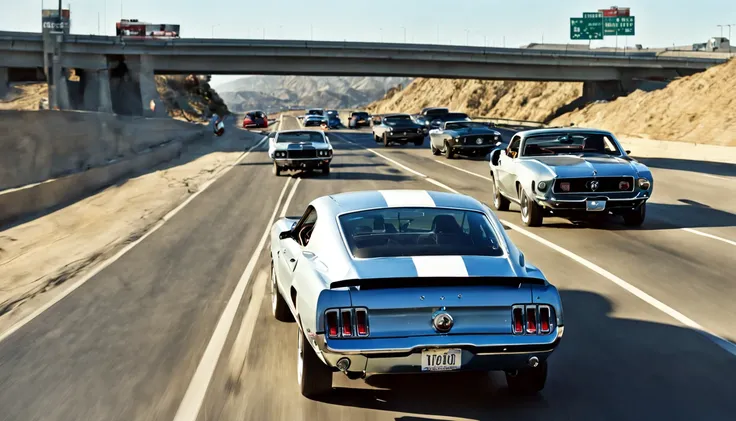 1969 Ford Mustang Onto the Freeway: John enters a busy freeway, the gang hot on his trail. Dangerous Maneuvers: John navigates through traffic, narrowly avoiding collisions and utilizing his driving skills to evade the gangs attempts to corner him, night, ...