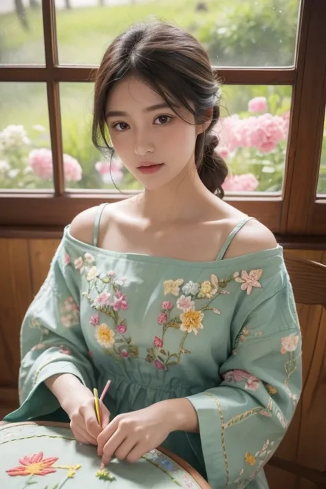 A girl embroidering colorful flowers on a fabric canvas using delicate stitches, fine thread, and a small embroidery hoop. The embroidery showcases intricate details, with each petal and leaf meticulously crafted. The girls nimble fingers move gracefully, ...