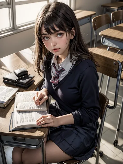 Auf einem Schreibtisch sitzt eine Frau und liest ein Buch, a hyperrealistic schoolgirl, Cute schoolgirl, realistic schoolgirl, of a schoolgirl, das posiert, hyperrealistic schoolgirl, als strenger Schullehrer ), in einem Klassenzimmer, School girl, Student...