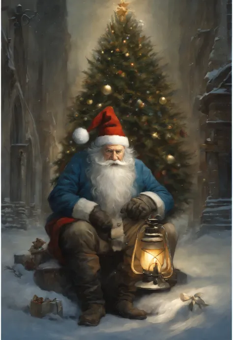 真实感, dark fantasy style, John Tolkien style, Small painting by Jean-Baptiste Monge, Portrait of Santa Claus in a blue suit holding a dragon, near the Christmas tree, Santa Claus on his hands mittens, dragon, Christmas tree, The city, megalopolis, central s...