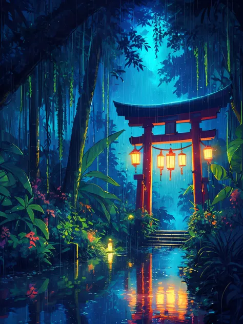 Draw an anime lofi scene of torii with lantern in tropical rain forest at night, raining, dense long leaves greenery, bokeh reflections, forest, dense jungle, glow, vibrant saturated colors, no one, decorated, night, no human, blue cloudy sky, beautiful co...