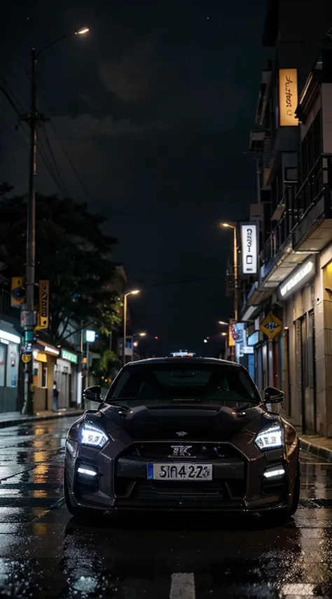 Gtr-r35 realista na cidade fundo de noite, clima chuva, fotorealista , na placa escrito @Romero