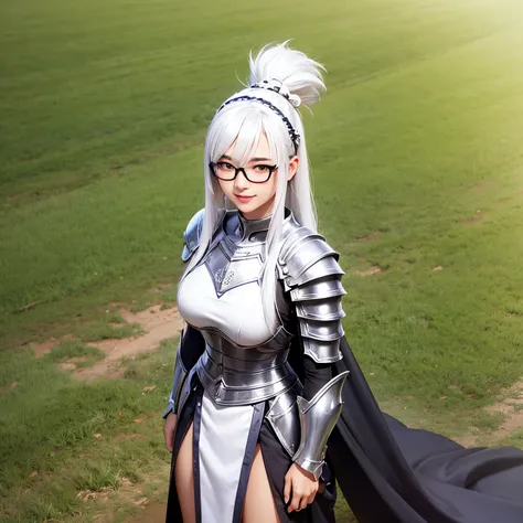 Ayaka, o Cavaleiro Solene com um Rabo de Cavalo, wearing glasses and white hair, is in the middle of a field background, adicionando um toque de Knight Armor(0.7) ao seu charme. She has a medium chest and an inviting smile with her hair accessories