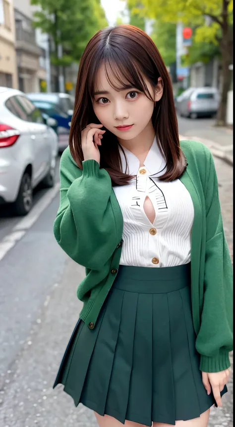 photo of a cute girl, wearing (crop-top:0.5)  sailor uniform, long sleeve, half-cleavage, pleated green_skirt, beautiful black eyes, dark-brown_cardigan, brown bob hair, deep-color,
BREAK
outdoor, sunshine, in the street,