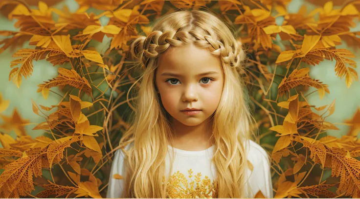 KIDS BLONDIE BRAIDS fotografia (estilo fallenangel:1) uma pintura digital de um (atraente:1) Anjo dourado sentado no meio de uma floresta