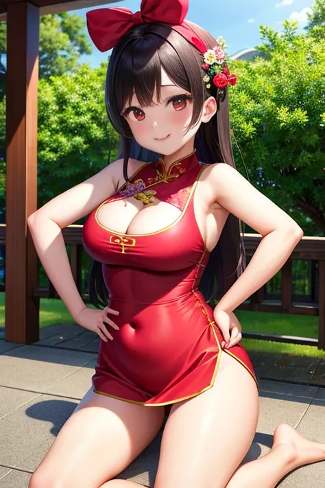 ultra - detailed，tmasterpiece，Best quality at best，love letter，blush blush，Yazawa Nico,red eyes, On the cheongsam,face flushed,Blunt hair,Curved body, On the ground, Beat the , upper legs，chubbiness，ssmile，both hands on hip，Overflowing breastig Cleavage，lo...